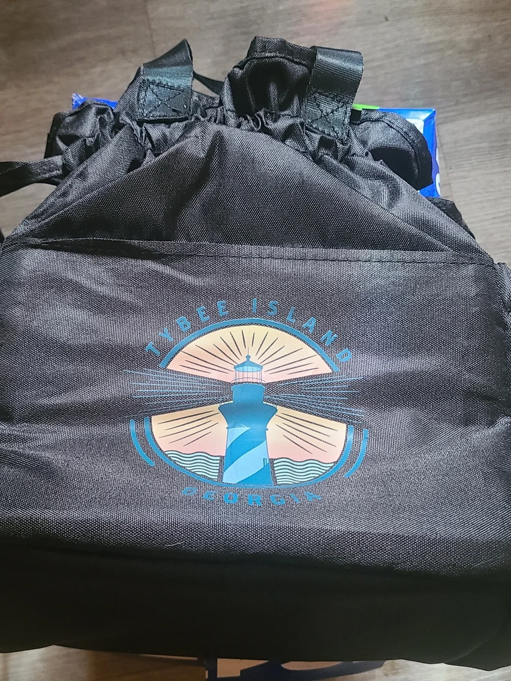 Tybee Island Georgia Black Drawstring Insulated Cooler Bag with Lighthouse